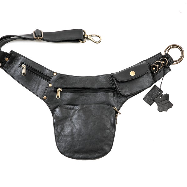 Black  Leather Minimal Hip Bag - Belt Bum Bag - Unisex Waist Bag - Concert Fanny Pack - Leather Waist Purse - Perfect Travel Festival Bag