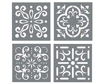 Ensemble de pochoirs de carreaux mexicains - Pack de quatre conceptions de pochoirs de carreaux 6x6 pour la peinture - Conceptions de pochoirs de carreaux de mur + sol pour faire des motifs de mosaïque