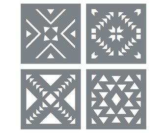 Four Tile Stencils in a Modern Southwestern Aztec Pattern - Available in 4, 8 or 11.8 inch Squares - Use on Floors, Walls, Furniture & More!