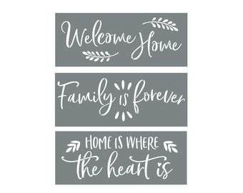 Word Stencils - Welcome Home + Family Is Forever + Home Is Where The Heart Is - Stencils For Painting on Wood and Making Custom DIY Signs