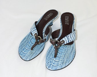 Y2K Blue Snakeskin Thong Wedge Sandals / Size 8