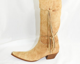 Y2K Tan Suede Tassel Western Boots / Size 37.5, 7