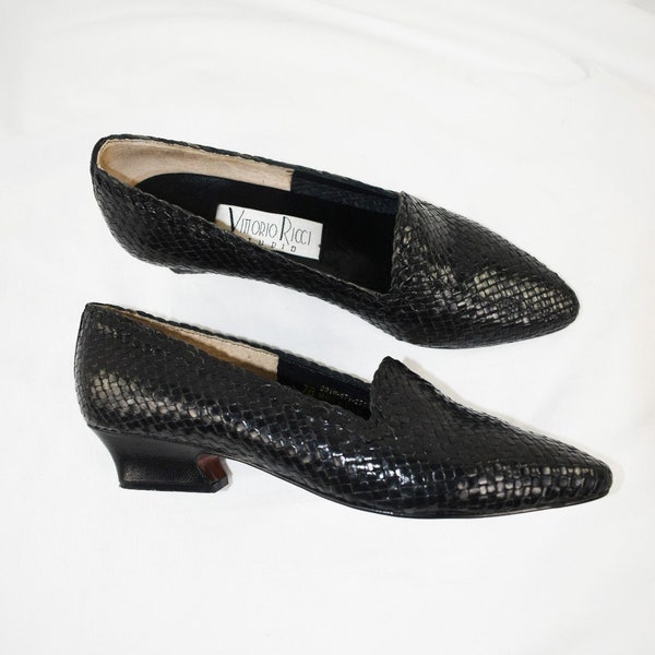 90's Black Woven Leather Heels / Flats / Size 7