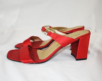 90's Red Satin Square Toe Slide Sandals / Block Heels / Size 8