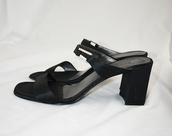 90's Black Satin Rhinestone Slide Sandals / Block Heels / Size 9.5