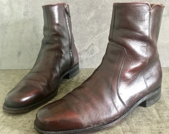70's Burgandy Florsheim Boots / Vintage Brown Leather Zip Up Ankle Boots/ Chelsea Boots / Beatle Boots / Mens 9B Womens 11