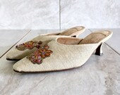 Vintage Beige Linen Embroidered Mule Evelyn Paul Kitten Heel Slipper Size 5