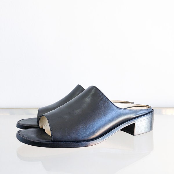 90's Black Leather Slide Mules / Block Heel / Size 5.5