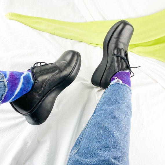 90's Black Leather Platform Lace Up Oxfords / Snea