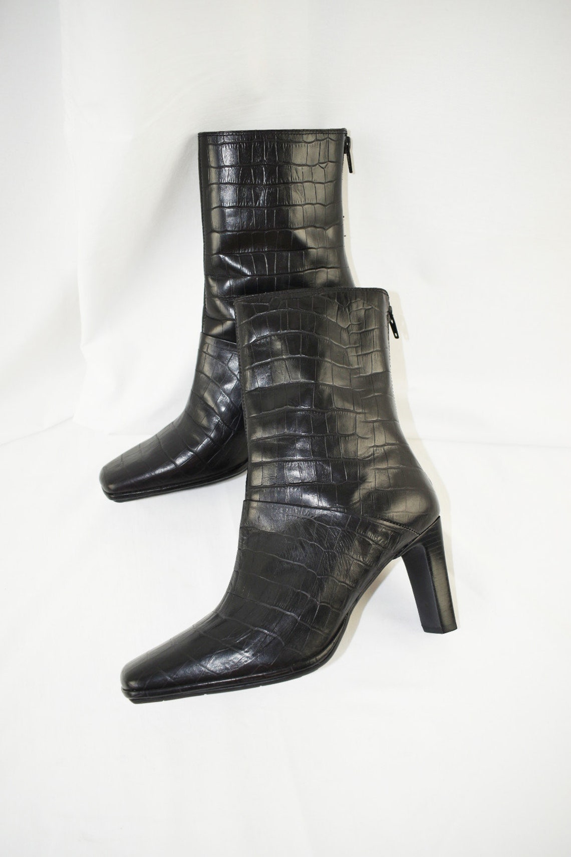 black crocodile square toe boots