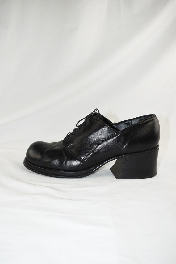 Vintage 70's Black Leather Lace Up Oxfords / Size… - image 1