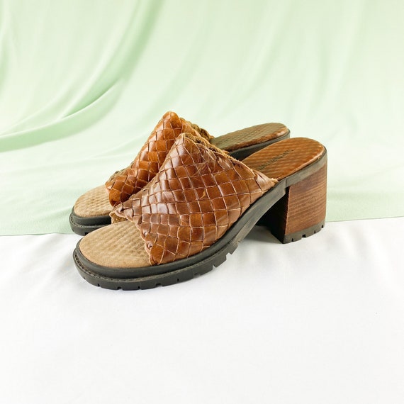 90s Woven Leather Square Toe Slides Mules / Block