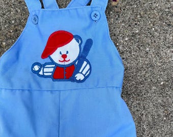 Vintage 80s Healthtex Blue Baseball Bear Overalls 12 months