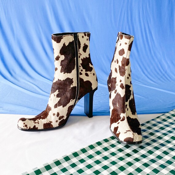 90's Cow Calf Hair Square Toe Midi Boots / Size 9.