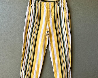 Vintage 90s Doncaster Yellow Green Striped Highwaisted Pants Size Medium