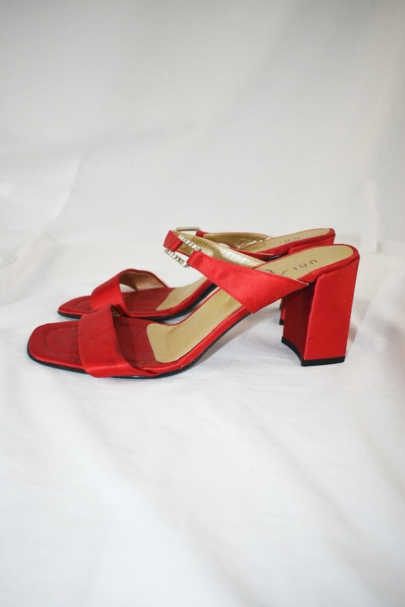 90's Red Satin Square Toe Slide Sandals / Block He