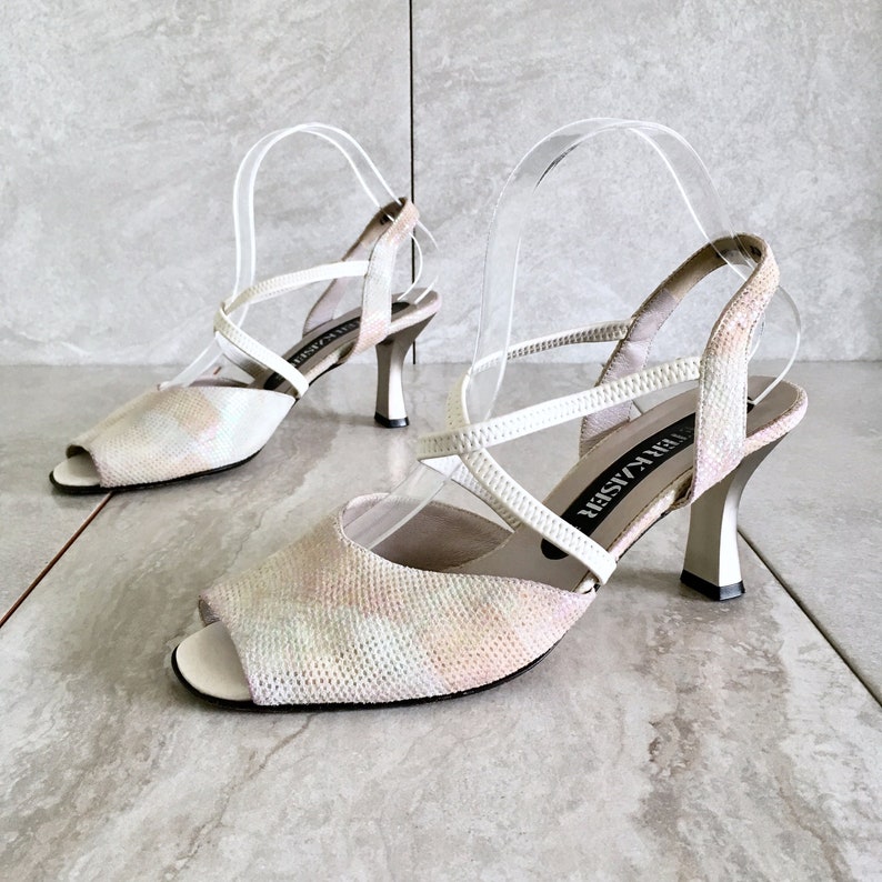 90/'s Cream Silver Iridescent Strappy Sandals Vintage Peeptoe Slingback Heel Size 8.5