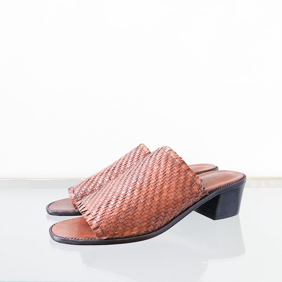 90's Woven Leather Mule Slide Sandal / Block Heel
