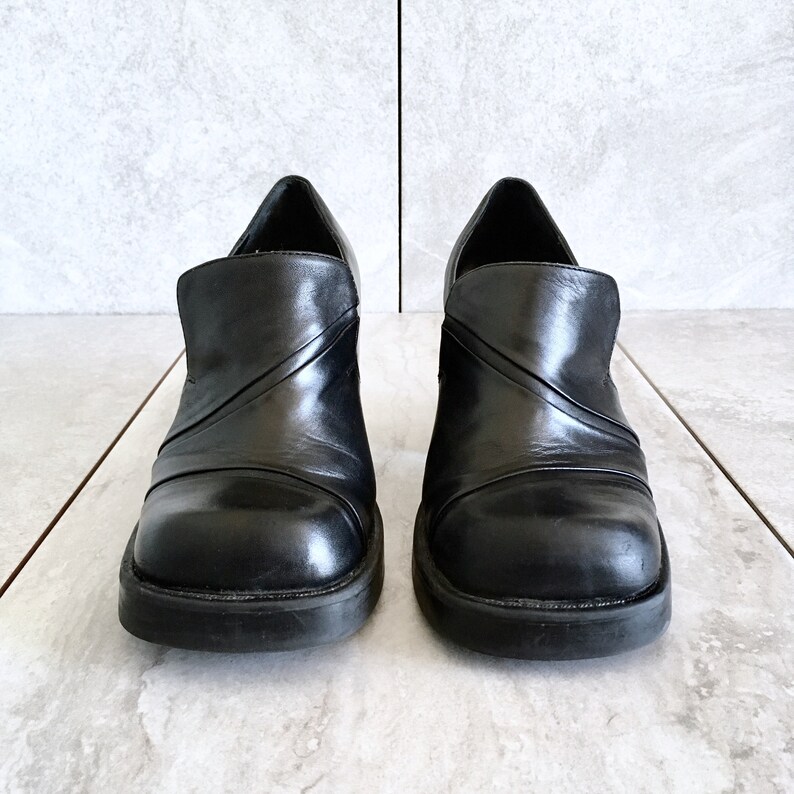 6.5 CLEARANCE 90/'s Black Leather Chunky Heel Loafer Vintage Block Heel EU 37