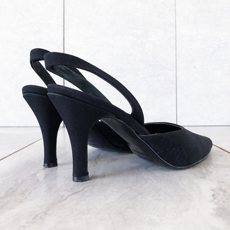 90/'s Black Floral Brocade Slingback Heels Size 7