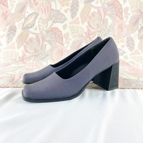 90's Gray Square Toe Chunky Pumps Loafers / Block