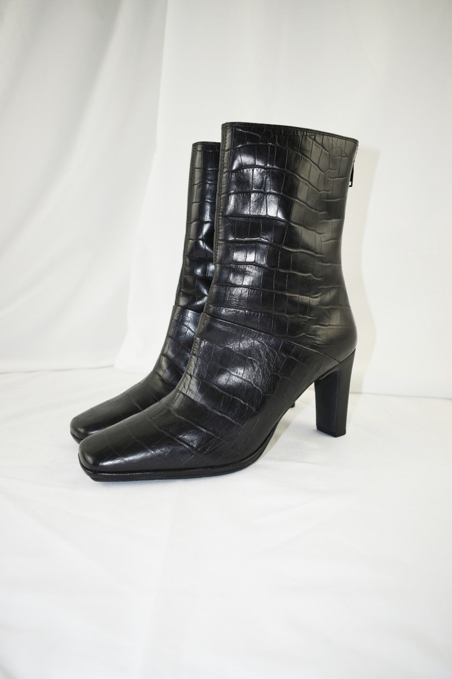 black crocodile square toe boots