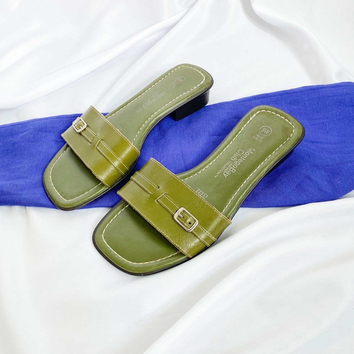 90's Olive Green Leather Slide Sandals / Size 6W Etsy