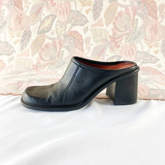 90's Black Leather Square Toe Mules / Block Heels