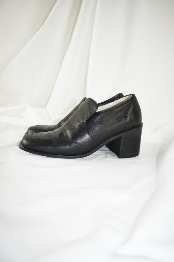 90's Black Leather Square Toe Loafers / Block Hee… - image 1