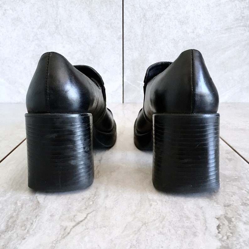 6.5 CLEARANCE 90/'s Black Leather Chunky Heel Loafer Vintage Block Heel EU 37