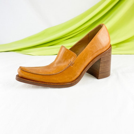 90's Cognac Leather Chunky Loafers / Block Heels /