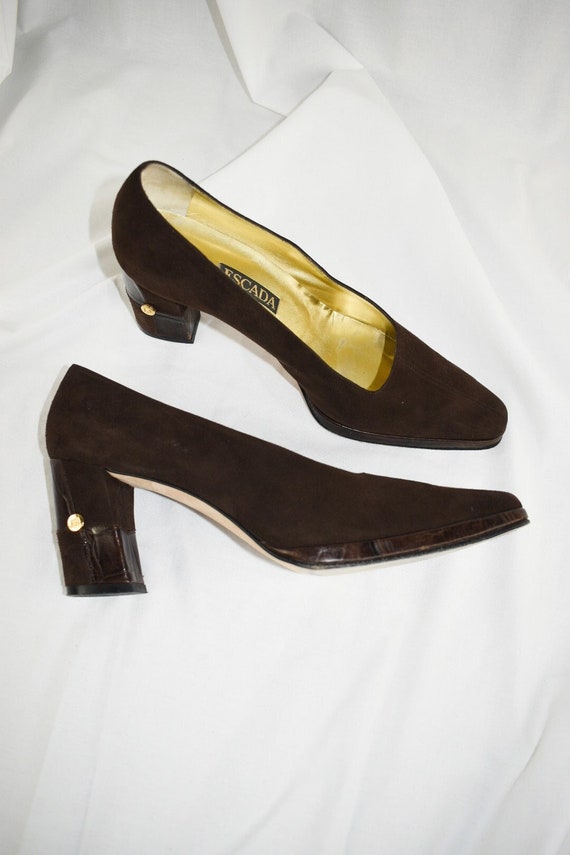 90's Escada Brown Suede Crocodile Pumps / Heels / Siz… Gem