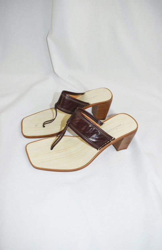 90's Square Toe Thong Sandals / Block Heels / Size 39… - Gem