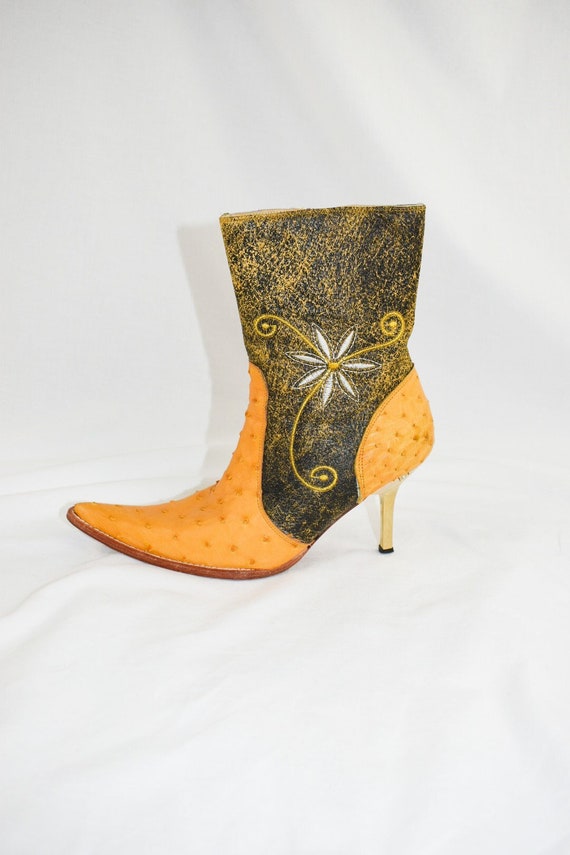 Y2K Orange Ostrich Floral Western Boots Ankle Boots Size 6