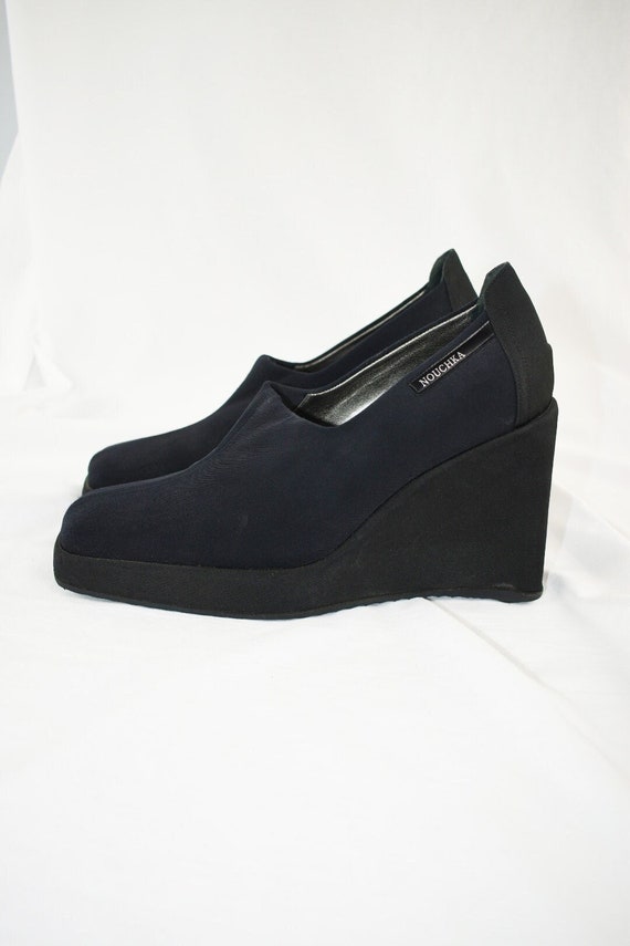 90's Black Square Toe Chunky Wedge Heels  / Size 7