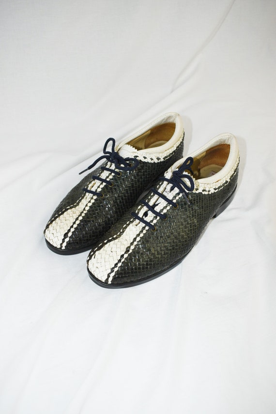 Vintage Green White Woven Leather Oxford Lace Ups 