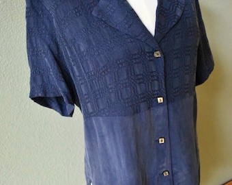 Vintage 90s Blue Rayon Button Down Blouse Size L/XL