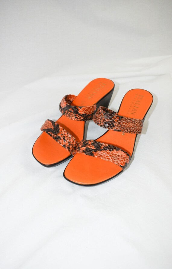 Y2K Orange Snakeskin Strappy Wedge Sandals / Size… - image 1