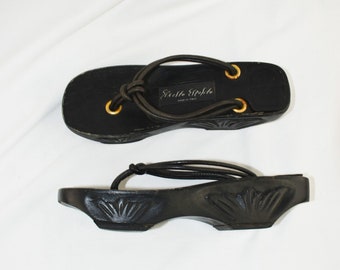 Y2K Black Wooden Platform Thong Geta Sandals / EU 39, 8.5