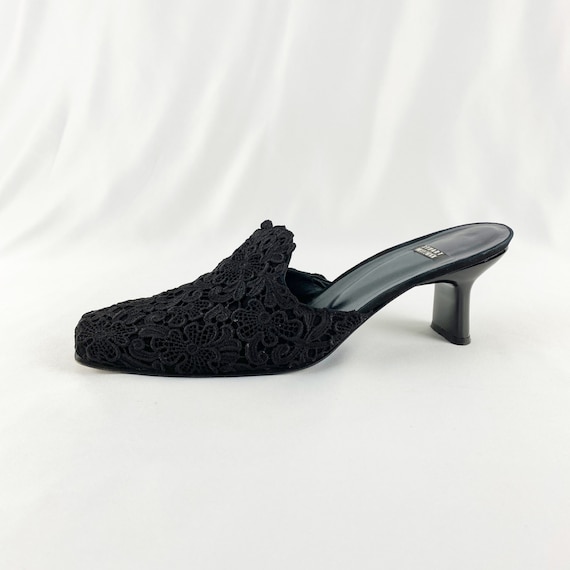 90's Stuart Weitzman Black Lace Square Toe Mules /