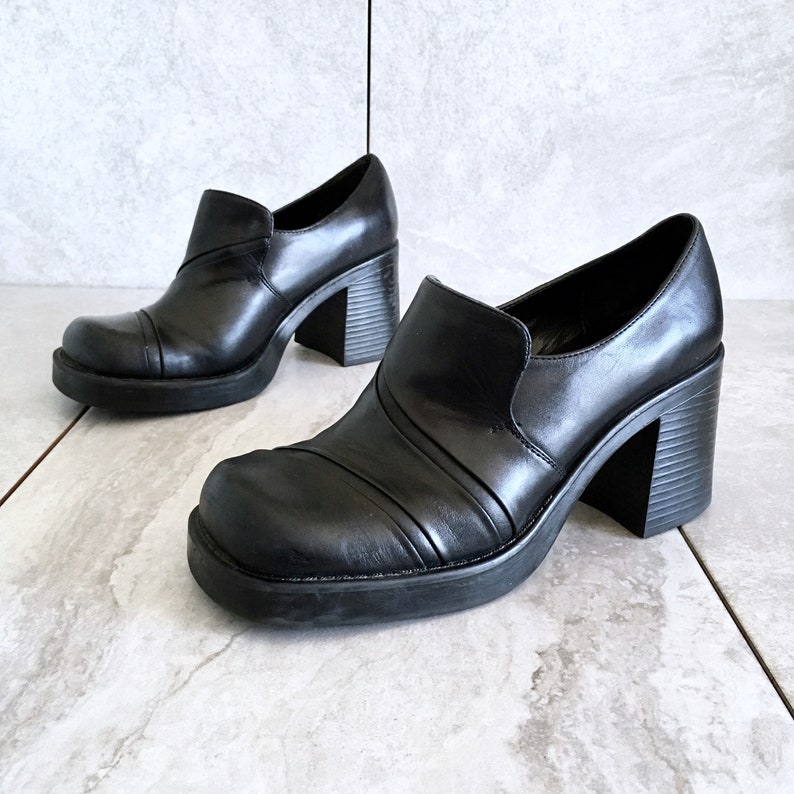 6.5 CLEARANCE 90/'s Black Leather Chunky Heel Loafer Vintage Block Heel EU 37