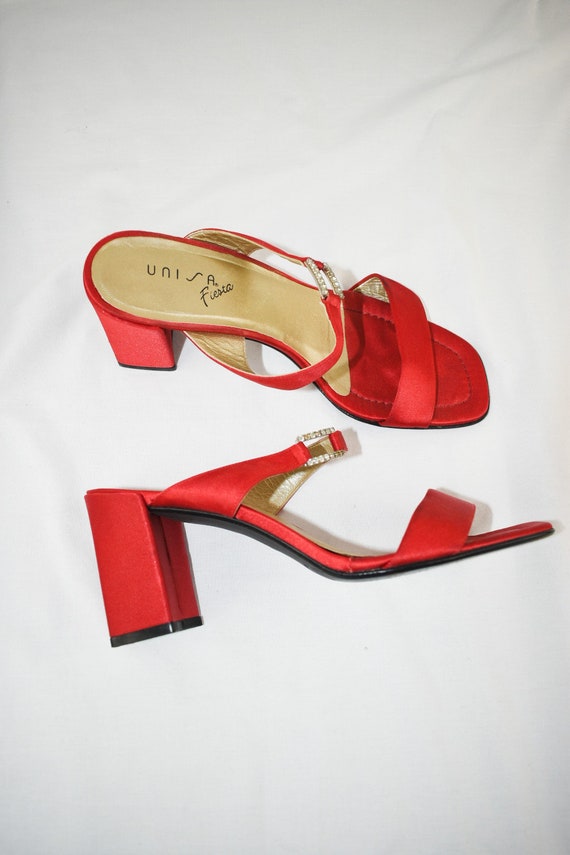 90's Red Satin Square Toe Slide Sandals / Block H… - image 5