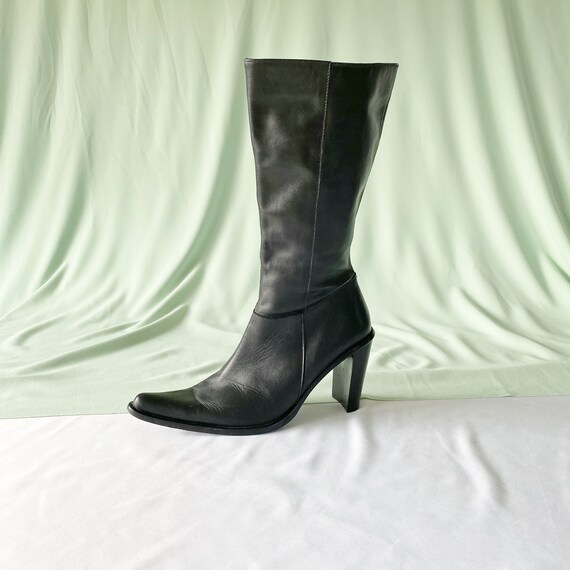 90's Black Leather Tall Western Style Boots / Bloc