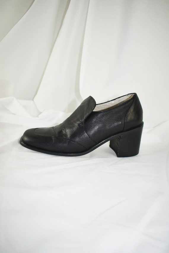 90's Black Leather Square Toe Loafers / Block Hee… - image 6