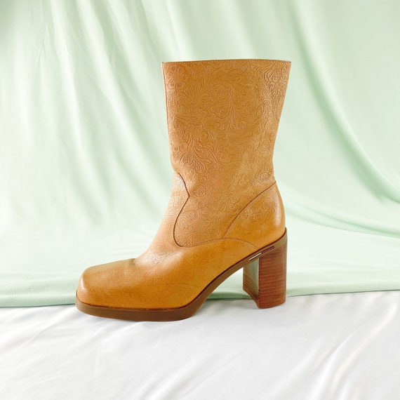 90's Tommy Hilfiger Tan Square Toe Midi Boots / Bl