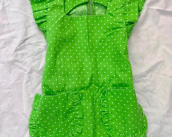 Vintage Handmade 60s Green Polka Dot Girls Dress youth 8/10