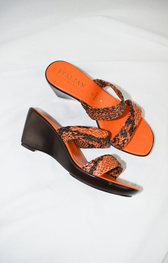 Y2K Orange Snakeskin Strappy Wedge Sandals / Size… - image 6