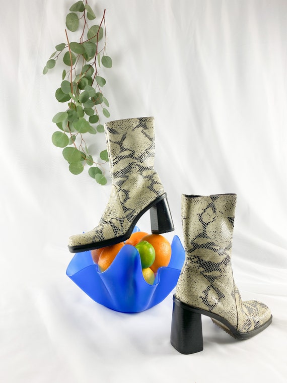 90's Cream Snakeskin Square Toe Midi Boots / Block
