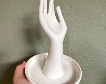 Vintage White Ceramic Hand Ring Holder Trinket Jewlery Dish