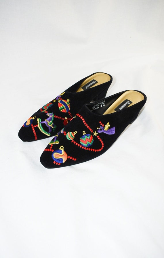 90's Christmas Black Velvet Mules / Size 8.5